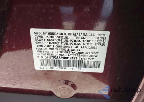 2009 Honda Pilot Ex-L z USA, uszkodzony, nr VIN 5FNYF38539B019191